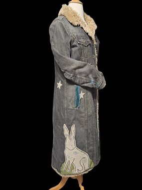 Lucky Brand Gray Denim Long Jacket with Faux-Shearling Collar and Bunny Appliqué